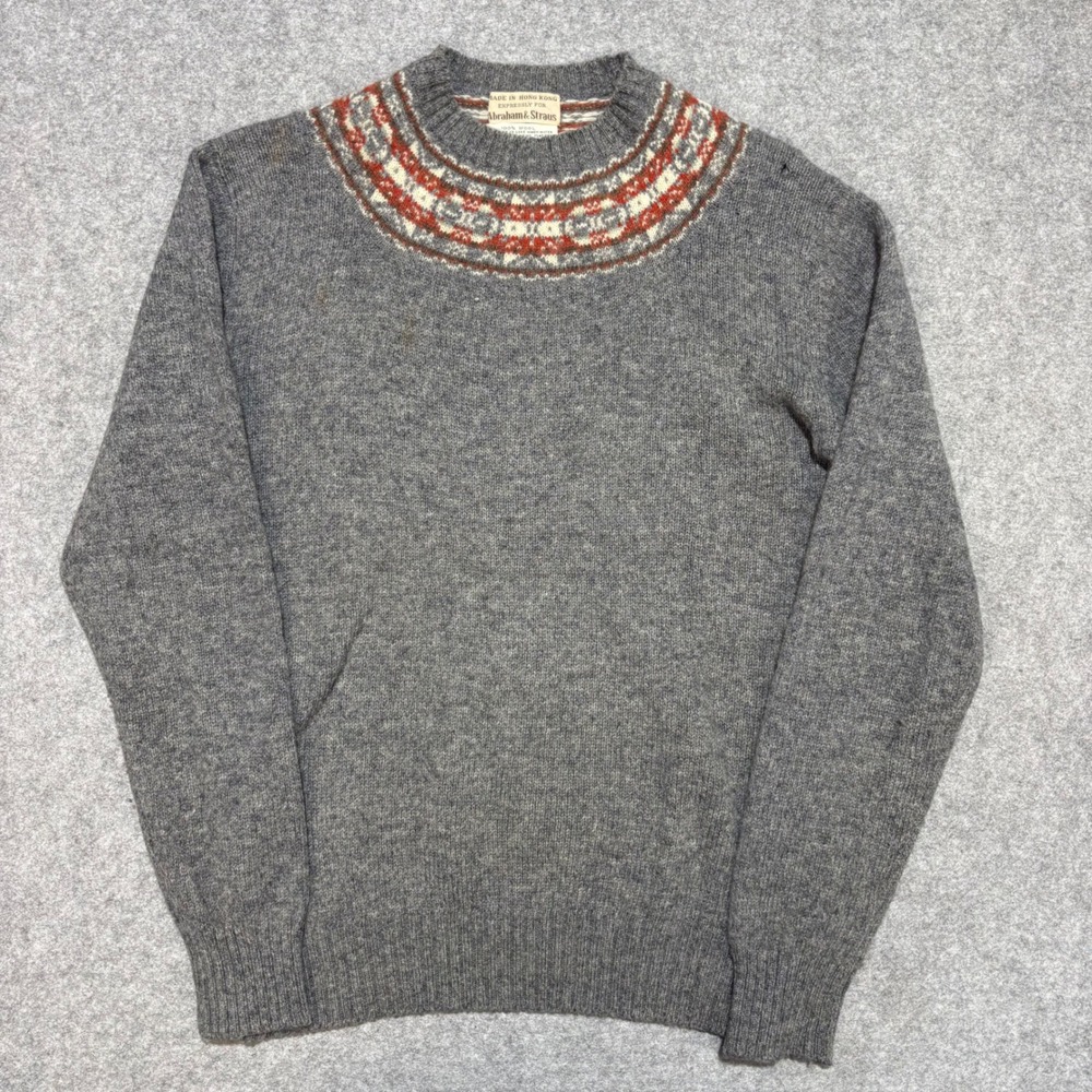 Vintage Abraham & Straus Mens Wool Fair Isle Yoke Sweater Gray Large Hong Kong